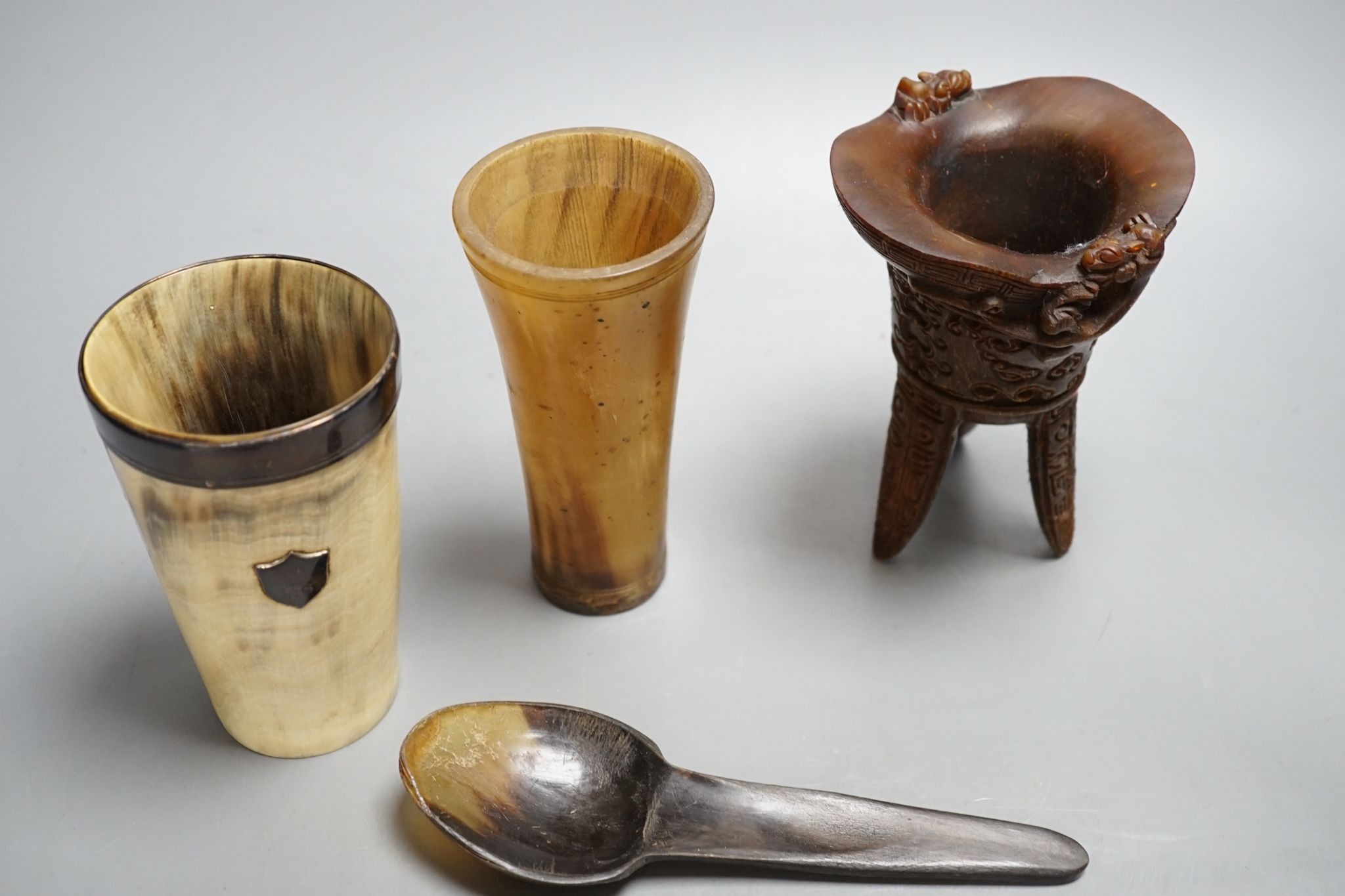 Two Chinese horn cups and three items of European horn